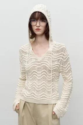 100% cotton wave-patterned hollow hooded knit sweater | 2 color