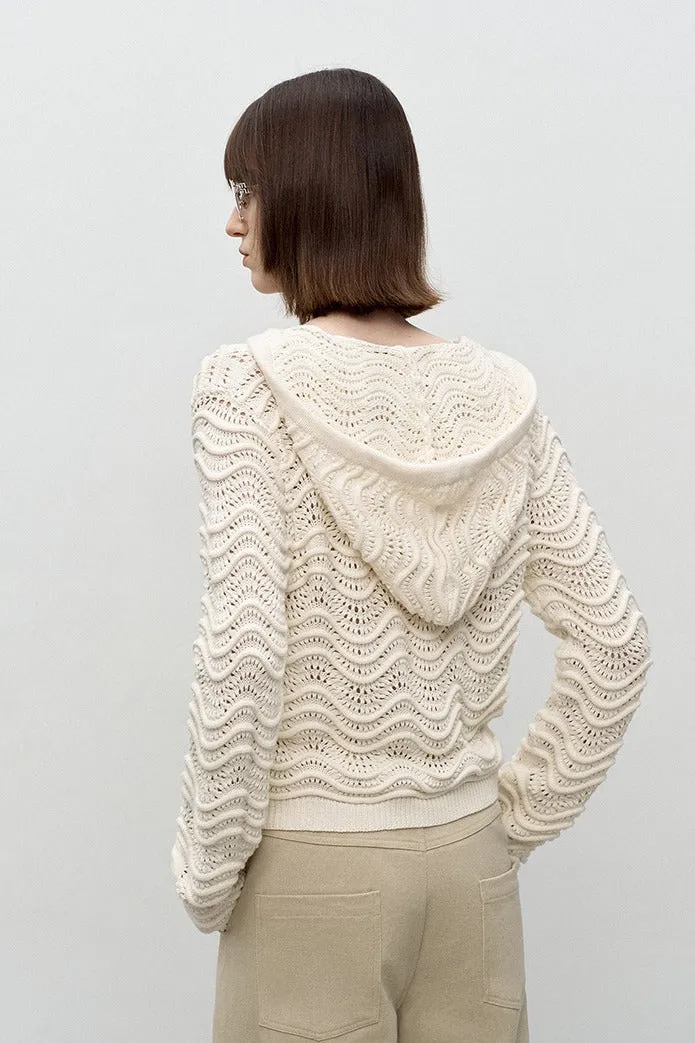 100% cotton wave-patterned hollow hooded knit sweater | 2 color