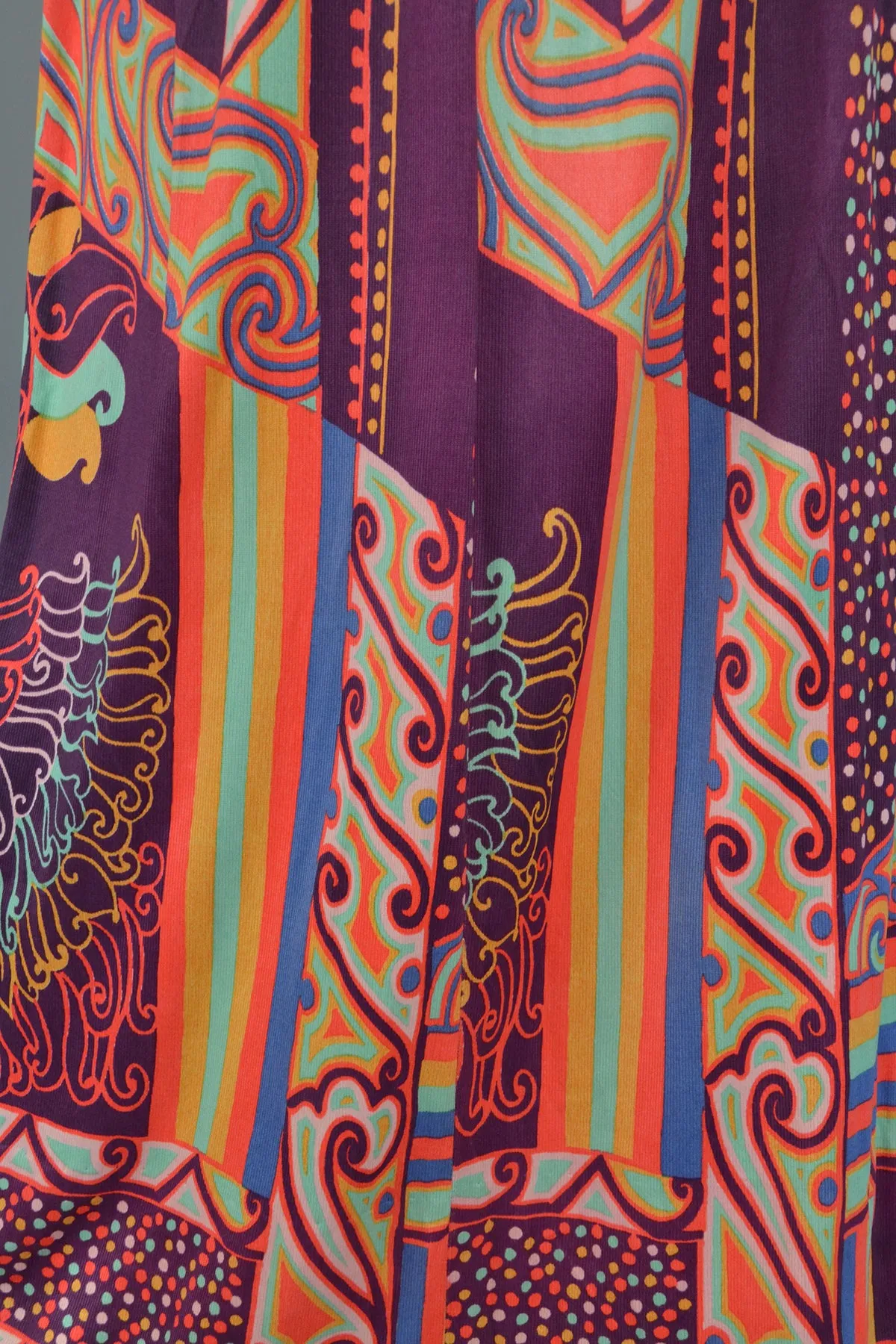 1970s Colorful Op Art Silky Knit Maxi Dress Keyhole Neckline