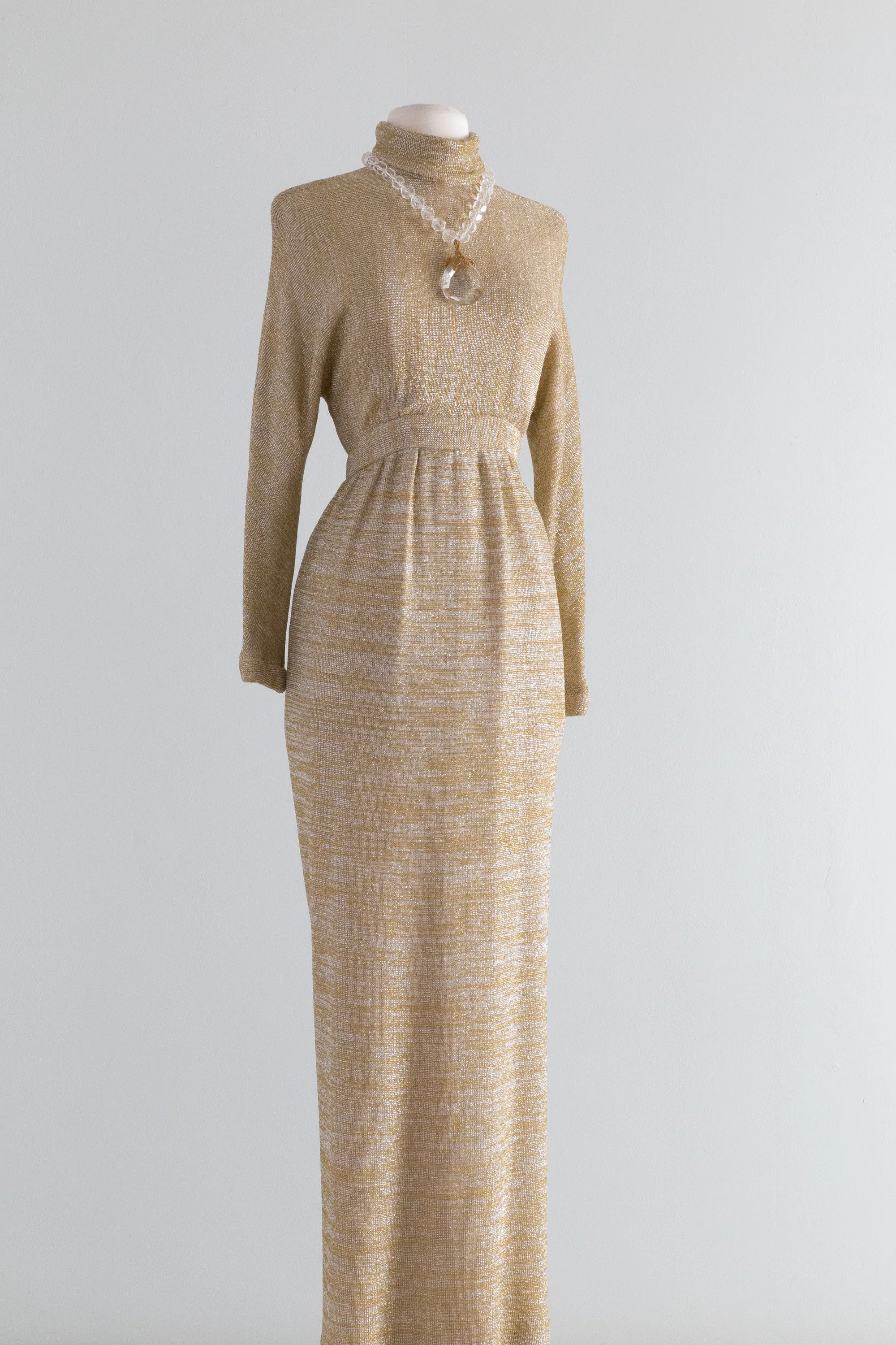 1970's Vintage Silver & Gold Lurex Knit Maxi Dress / Medium