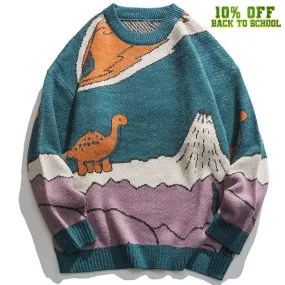 1984® Knitted Sweater Cartoon Dinosaur and Volcanoes