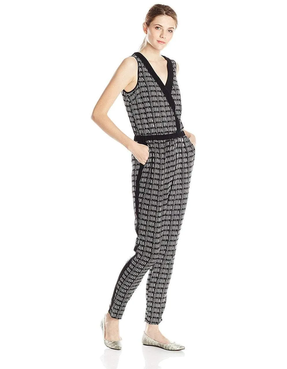 Adrianna Papell Sleeveless Crossover Graphic Jumpsuit 16PD10320 - 1 pc Ivory Black In Size 8 Available