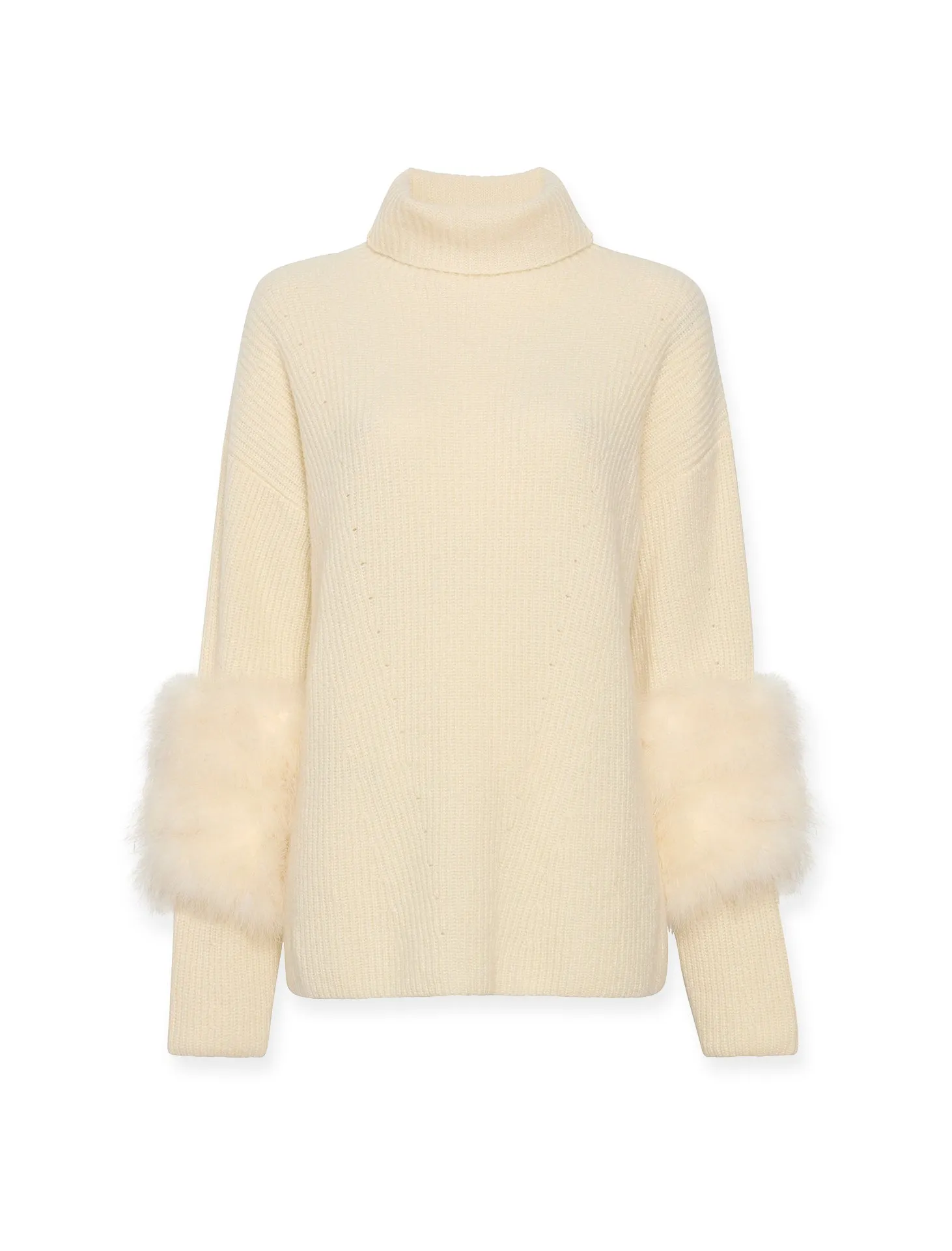 Airy Cashmere Silk Ribbed Turtleneck With Marabou