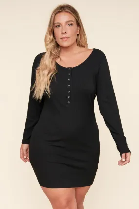 Avignon Ribbed Knit Long Sleeve Henley Mini Dress Curve