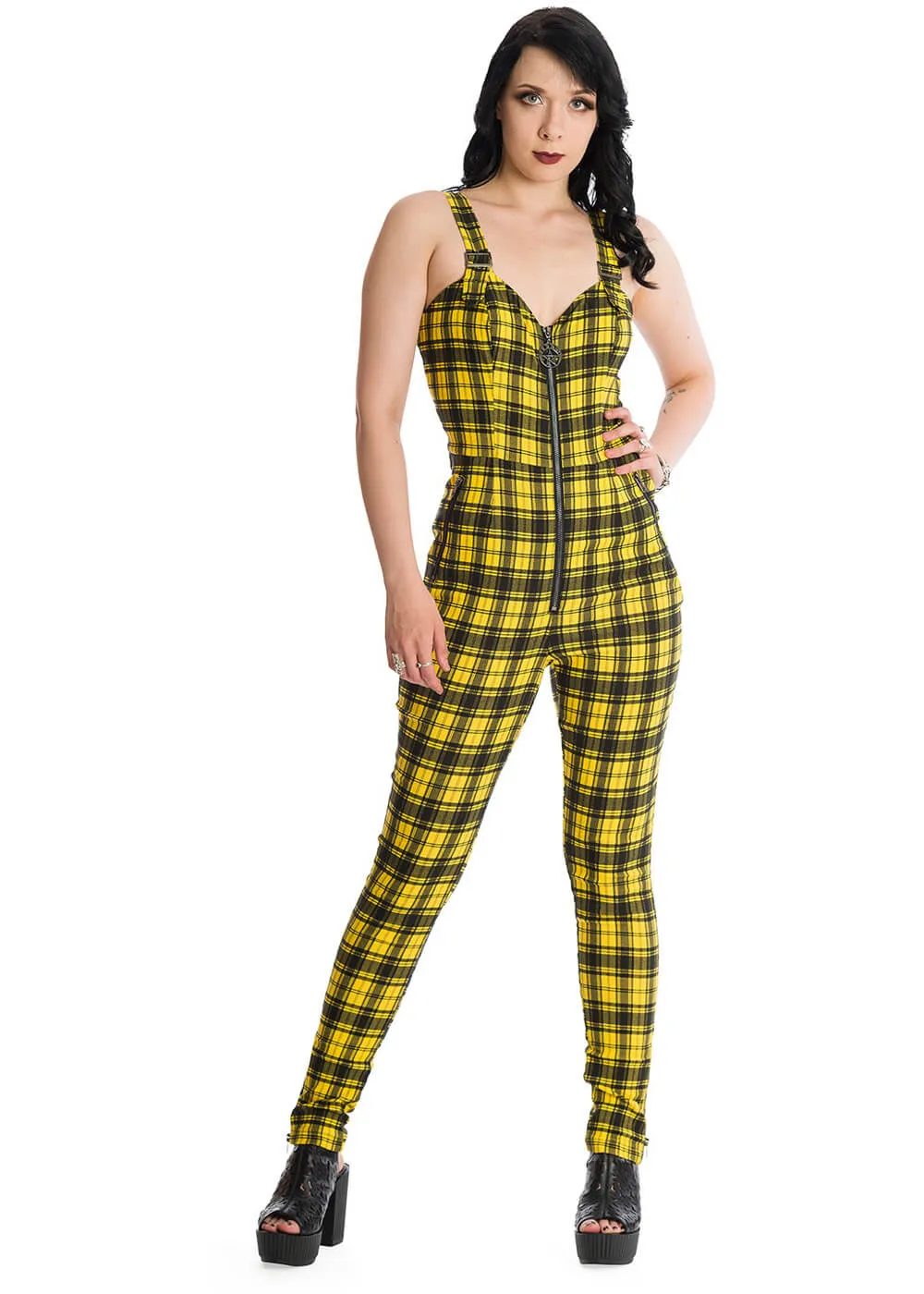 Banned Lenore Tartan 80's Jumpsuit Yellow