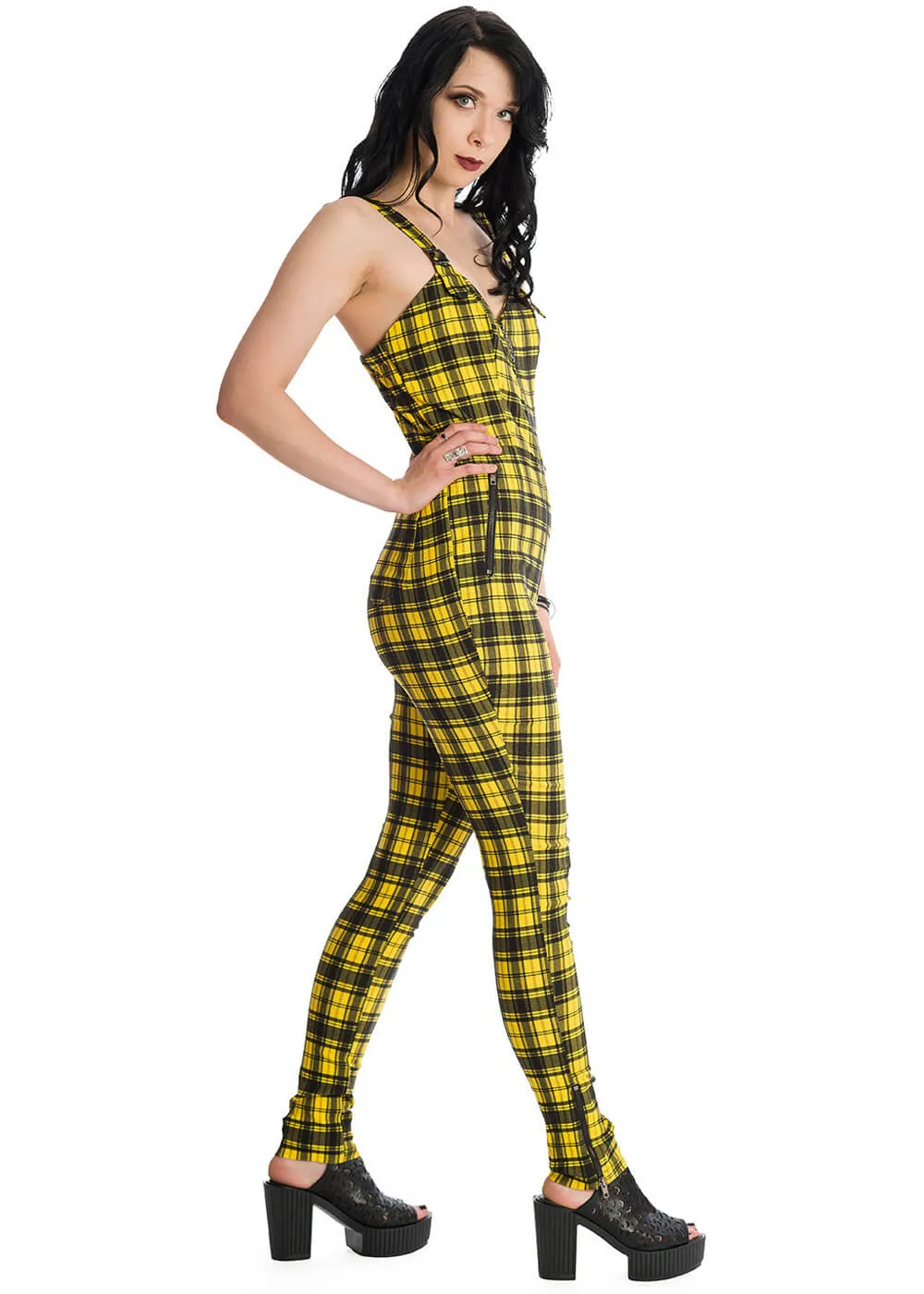 Banned Lenore Tartan 80's Jumpsuit Yellow