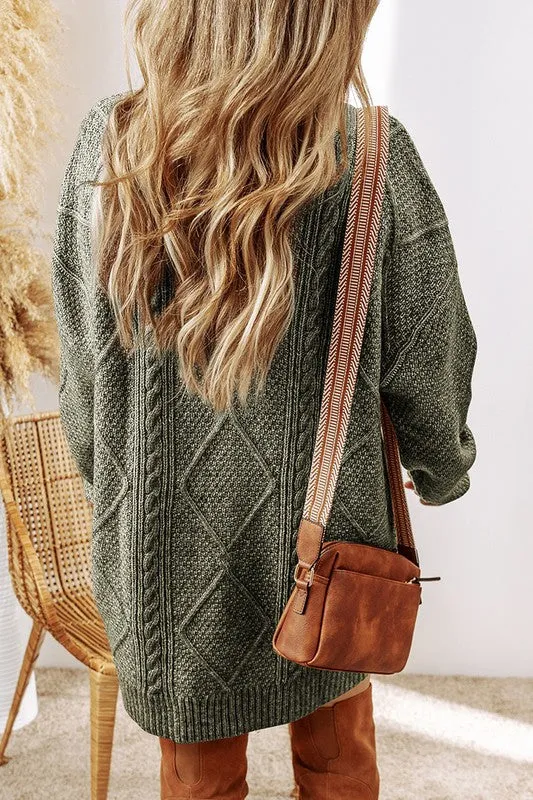 Be Inspired - Green Cable Knit Drop Shoulder Loose Fit Sweater Dress