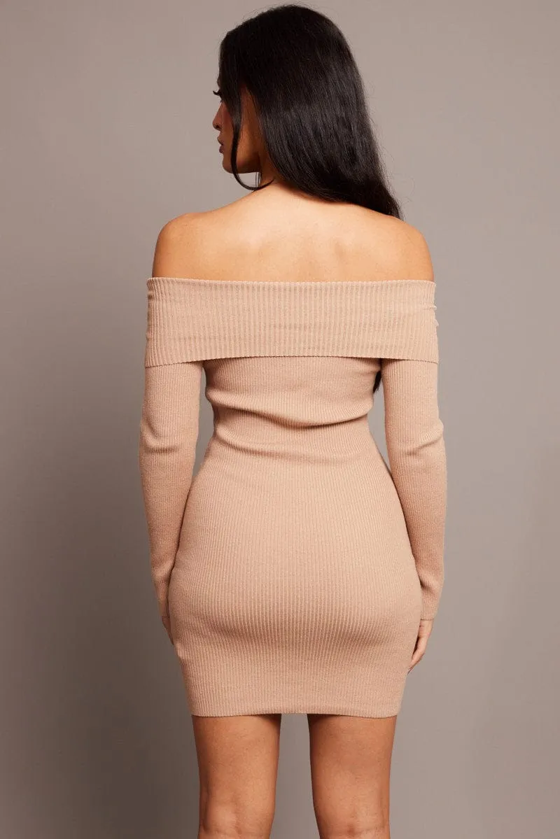 Beige Knit Dress Long Sleeve Mini