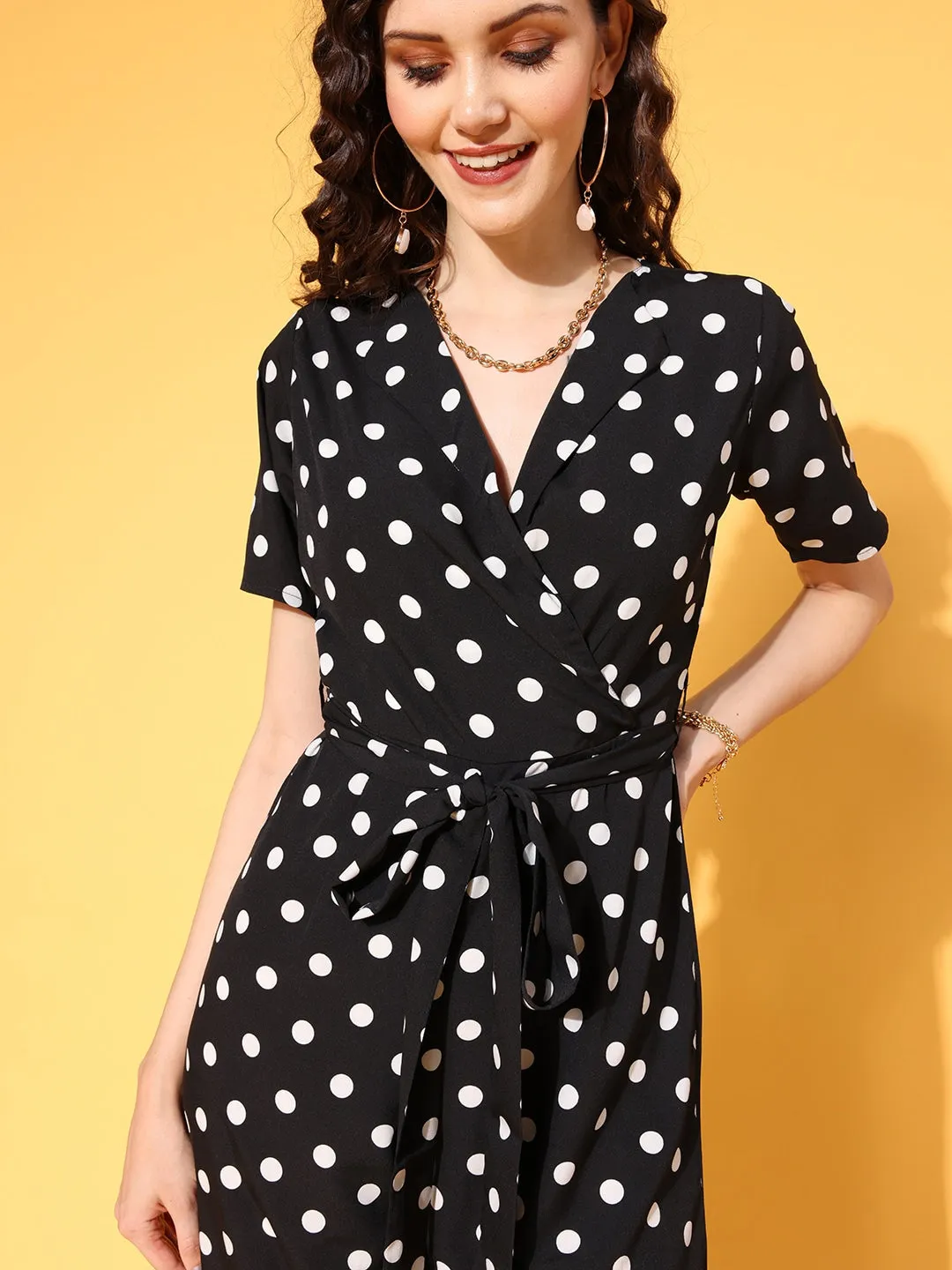 Berrylush Women Black & White Polka Dot Printed Shawl Neck Culotte Jumpsuit