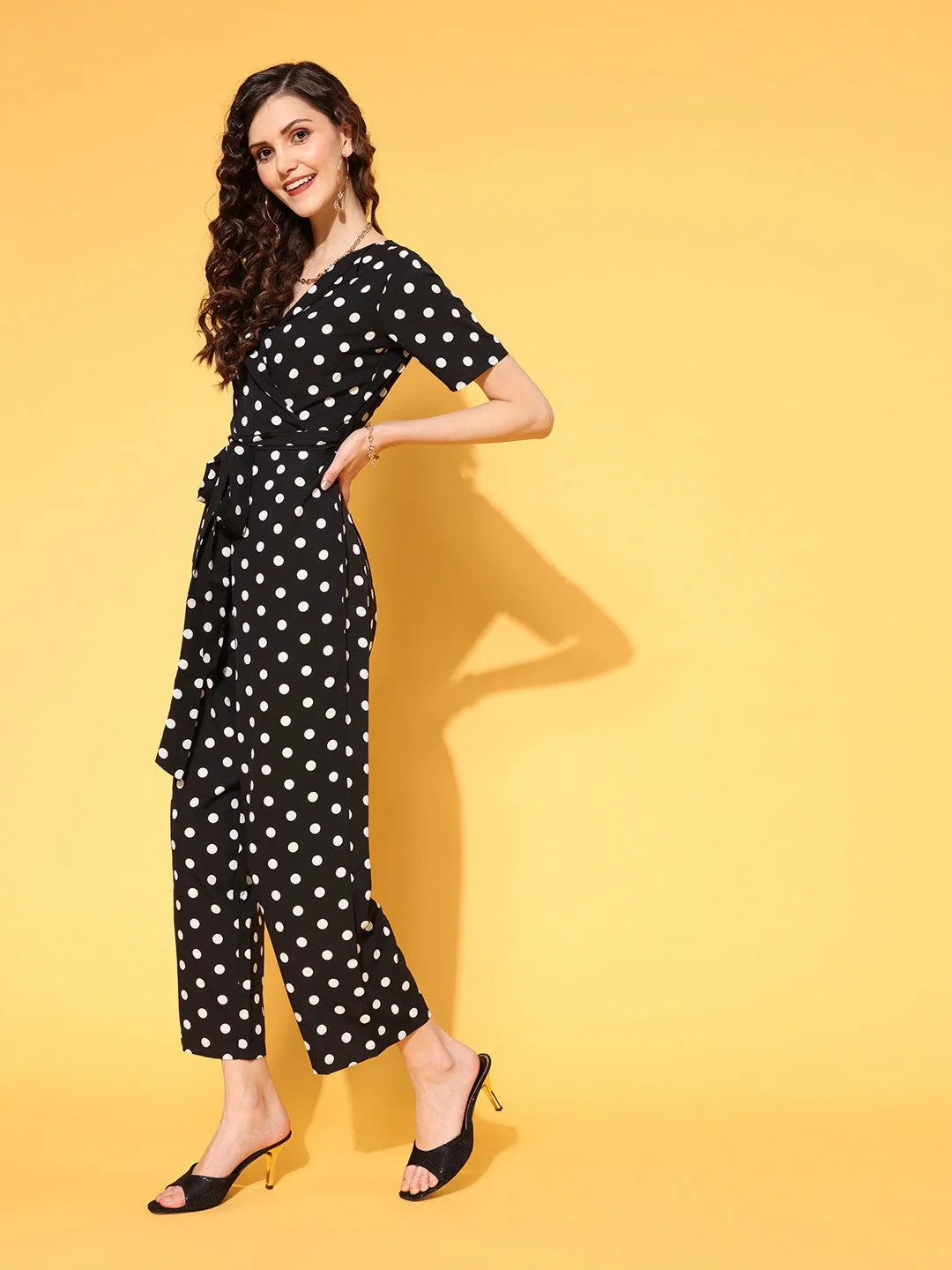 Berrylush Women Black & White Polka Dot Printed Shawl Neck Culotte Jumpsuit