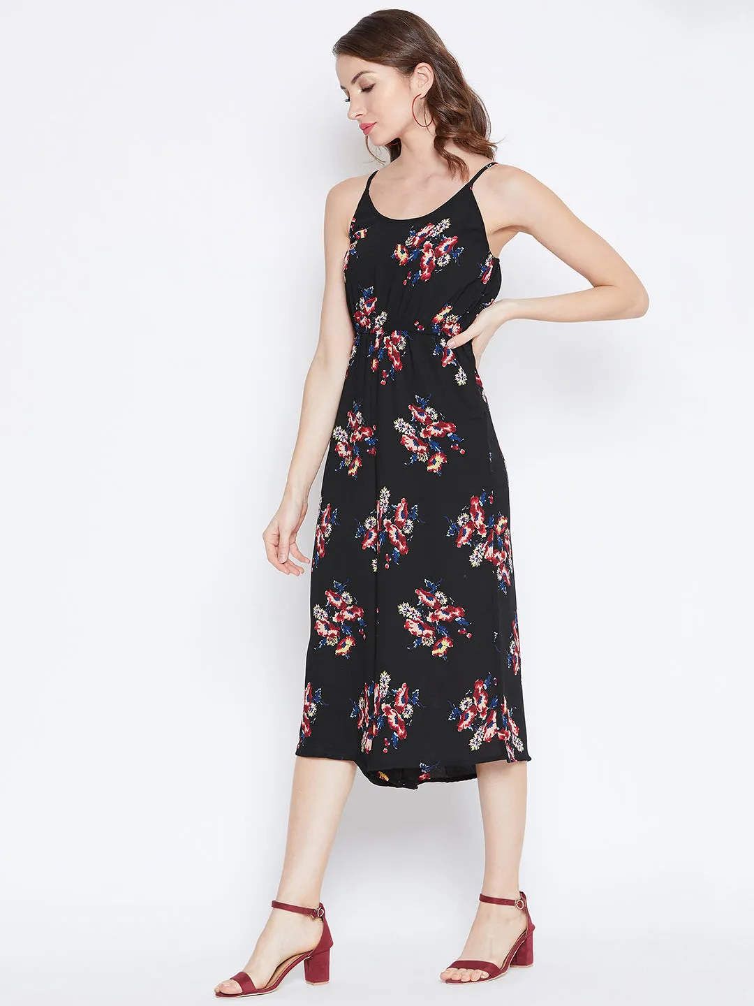 Berrylush Women Black Floral Printed Scoop-Neck Two-Pocket Culotte Jumpsuit