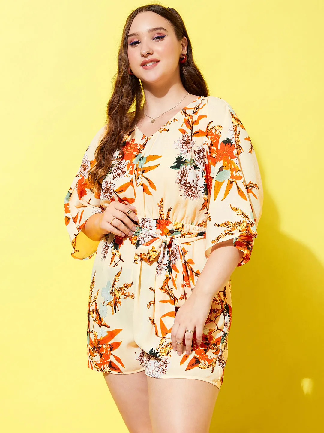 Berrylush Women Plus Size Beige & Orange Floral Printed V-Neck Three-Quarter Sleeve Waist Tie-Up Mini Jumpsuit