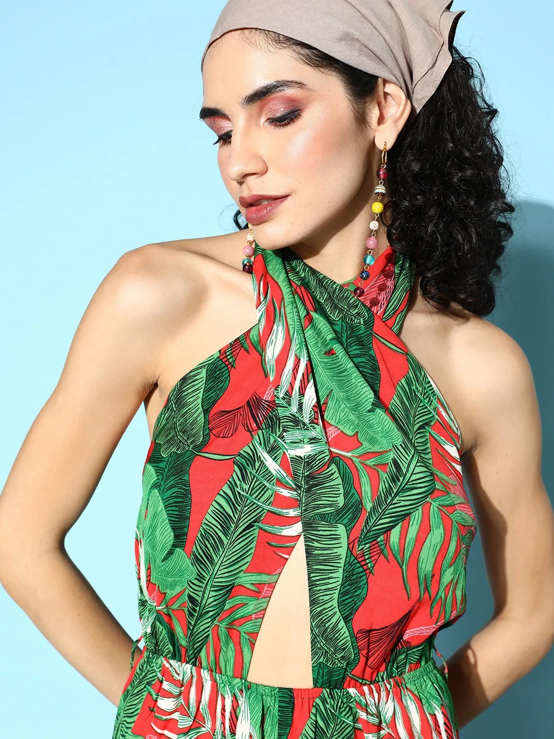 Berrylush Women Red & Green Tropical Printed Halter Neck Sleeveless Front Cutout Tie-Up Gathered Mini Jumpsuit