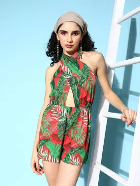 Berrylush Women Red & Green Tropical Printed Halter Neck Sleeveless Front Cutout Tie-Up Gathered Mini Jumpsuit