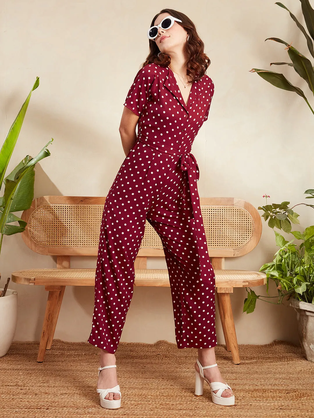 Berrylush Women Red & White Polka Dot Printed Notched Collar Neck Waist Tie-Up Maxi Jumpsuit