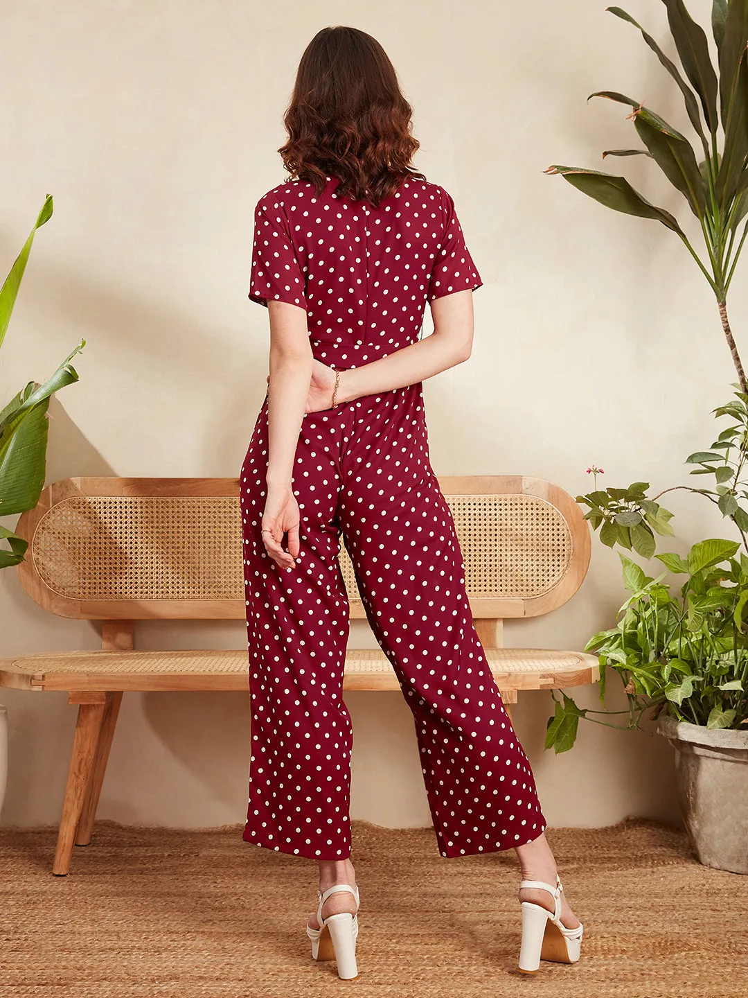 Berrylush Women Red & White Polka Dot Printed Notched Collar Neck Waist Tie-Up Maxi Jumpsuit