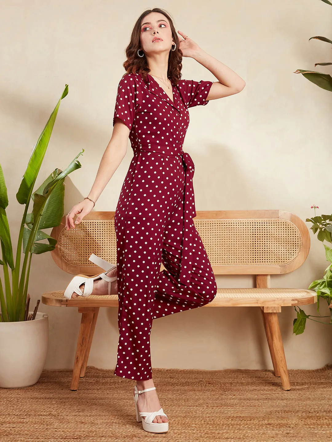 Berrylush Women Red & White Polka Dot Printed Notched Collar Neck Waist Tie-Up Maxi Jumpsuit