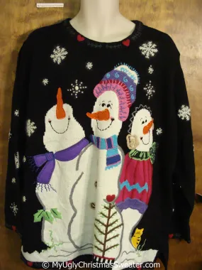 Best Huge Snowmen Trio Ugly Christmas Sweater with Cat