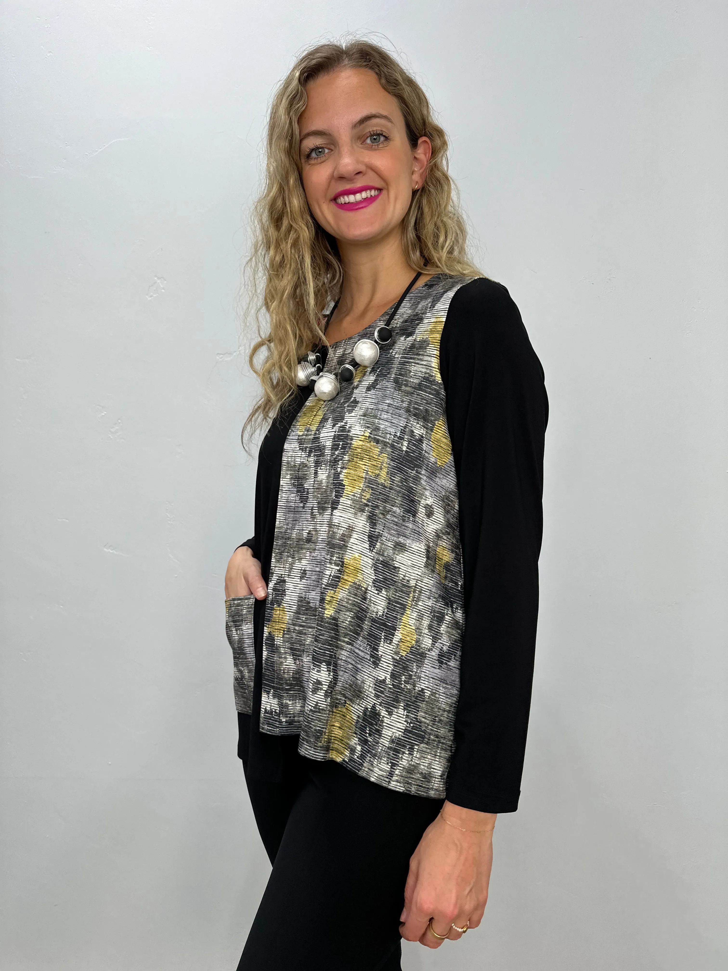 Black Pattern Long Sleeve Top with Pocket