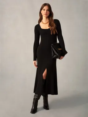 Black Rib Knit Sweetheart Neckline Midi Dress