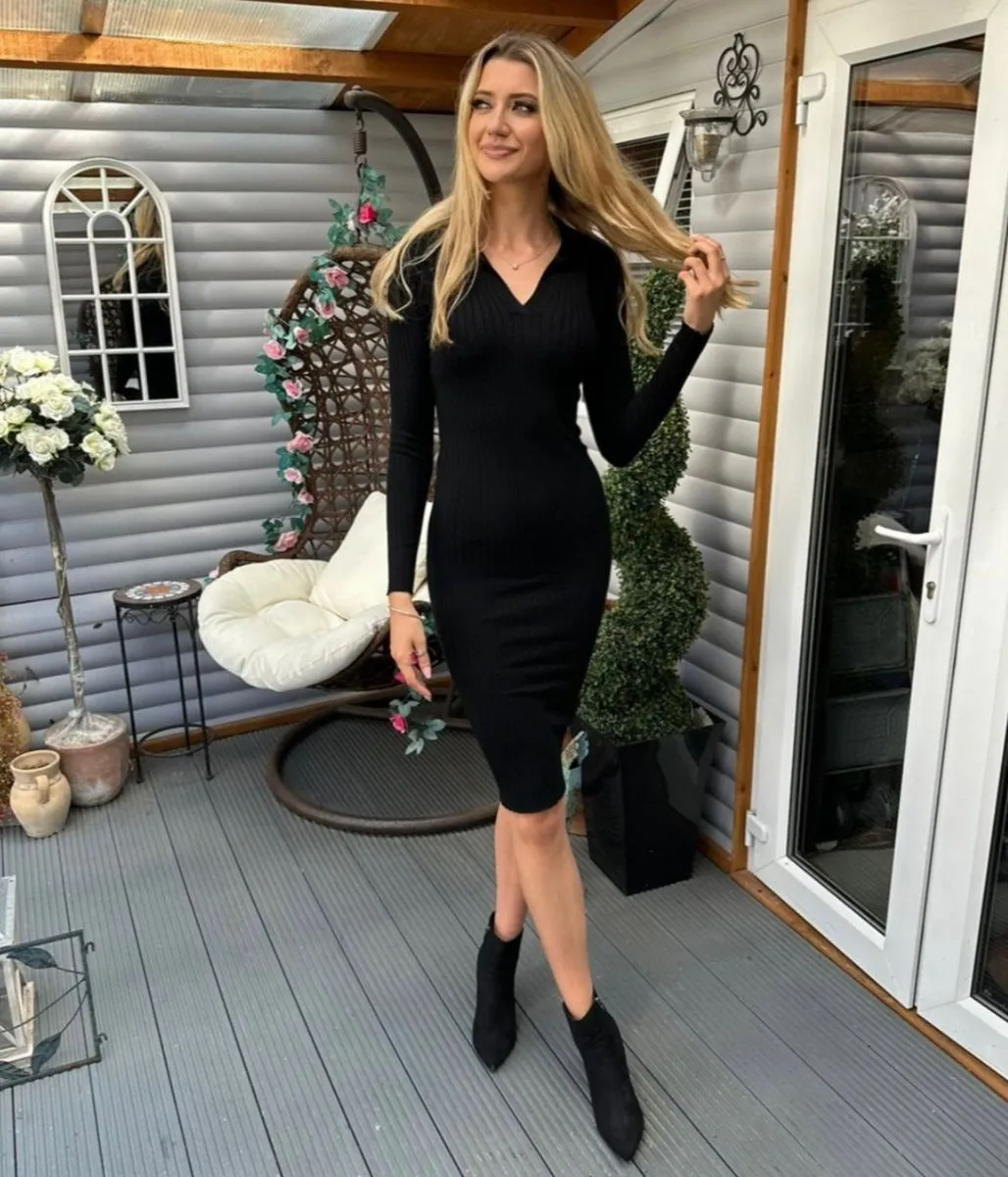 Black Ribbed Notch Collar Knitted Midi Dress