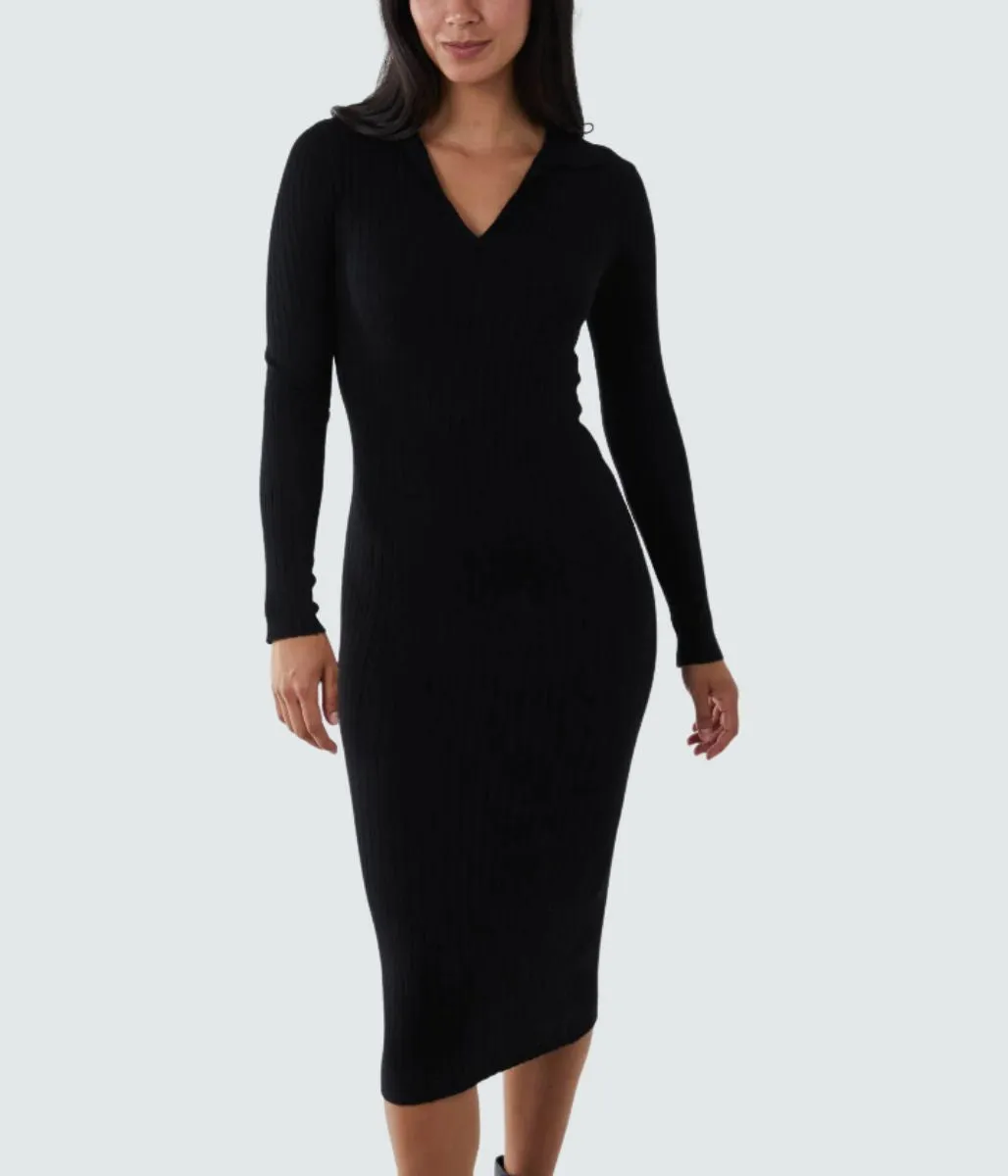 Black Ribbed Notch Collar Knitted Midi Dress