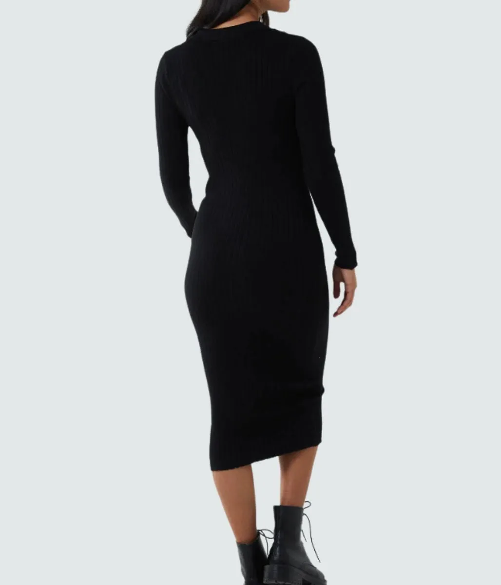 Black Ribbed Notch Collar Knitted Midi Dress