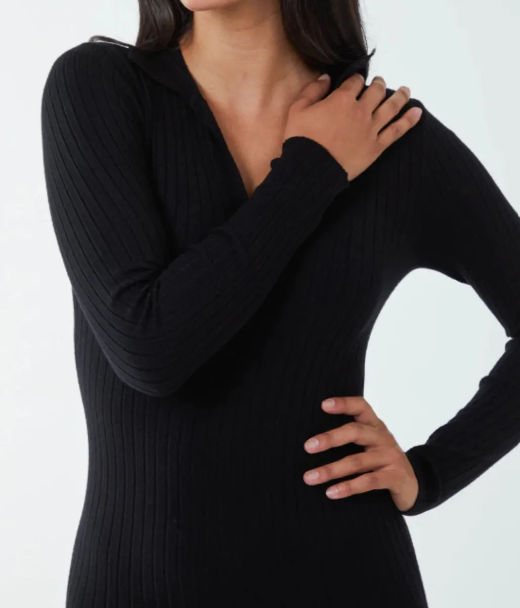 Black Ribbed Notch Collar Knitted Midi Dress