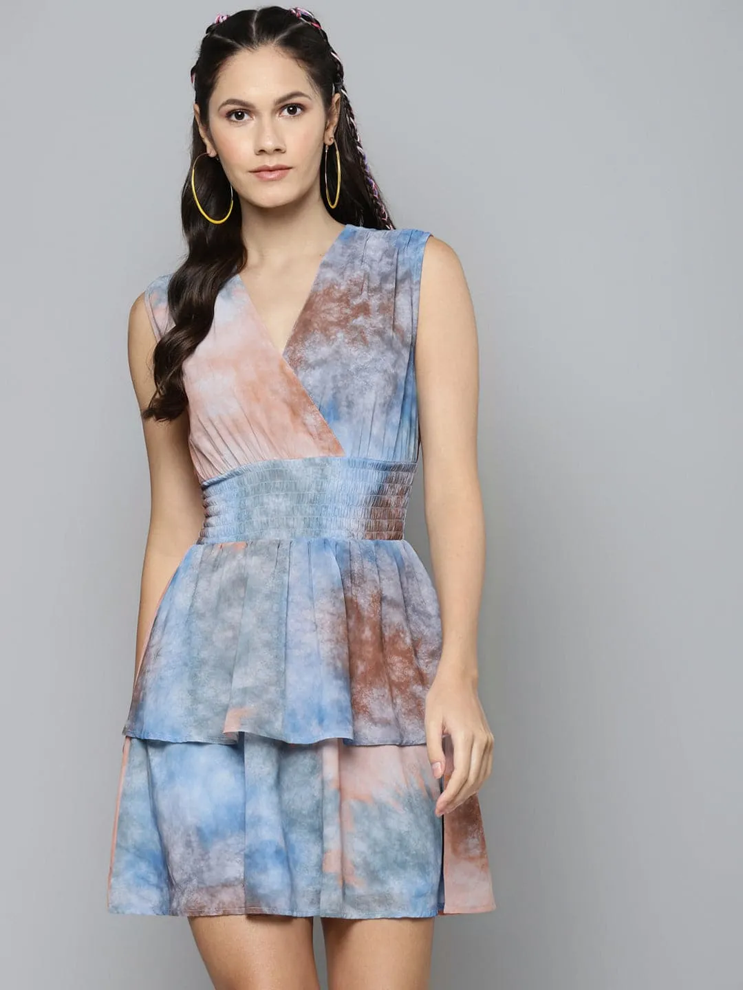 Blue & Brown Tie-Dye Print Smocking Dress