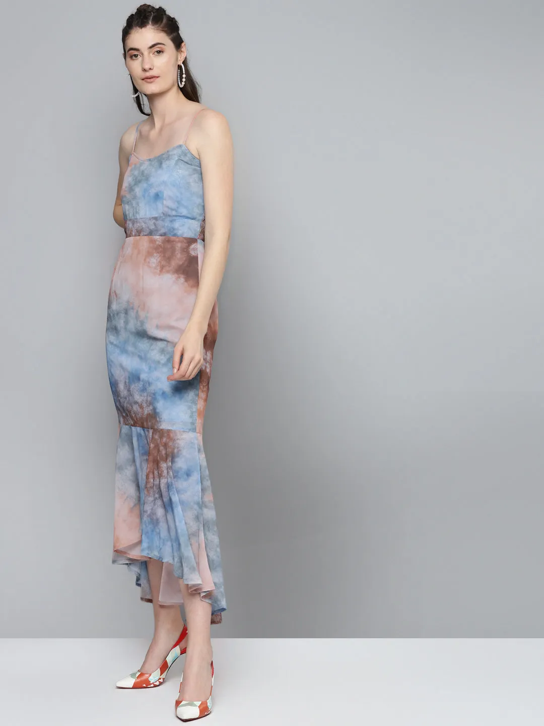 Blue & Brown Tie-Dye Print Strappy Maxi