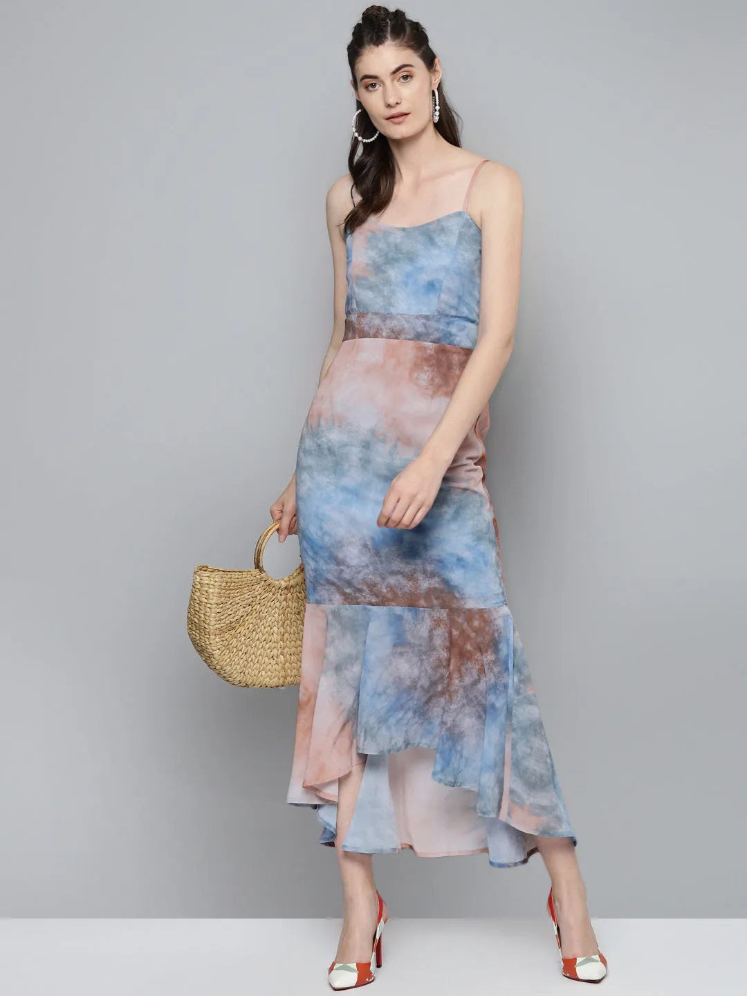 Blue & Brown Tie-Dye Print Strappy Maxi