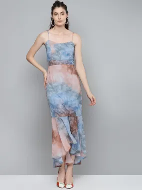 Blue & Brown Tie-Dye Print Strappy Maxi