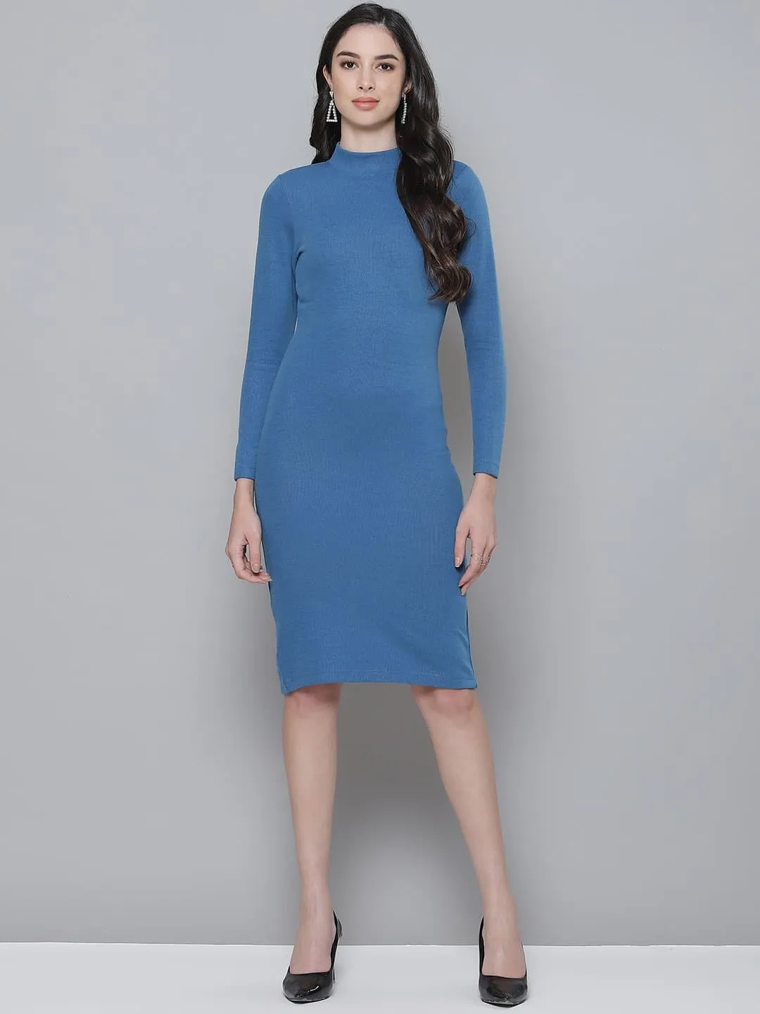 Blue Rib Turtle Neck Zipped Bodycon Dress