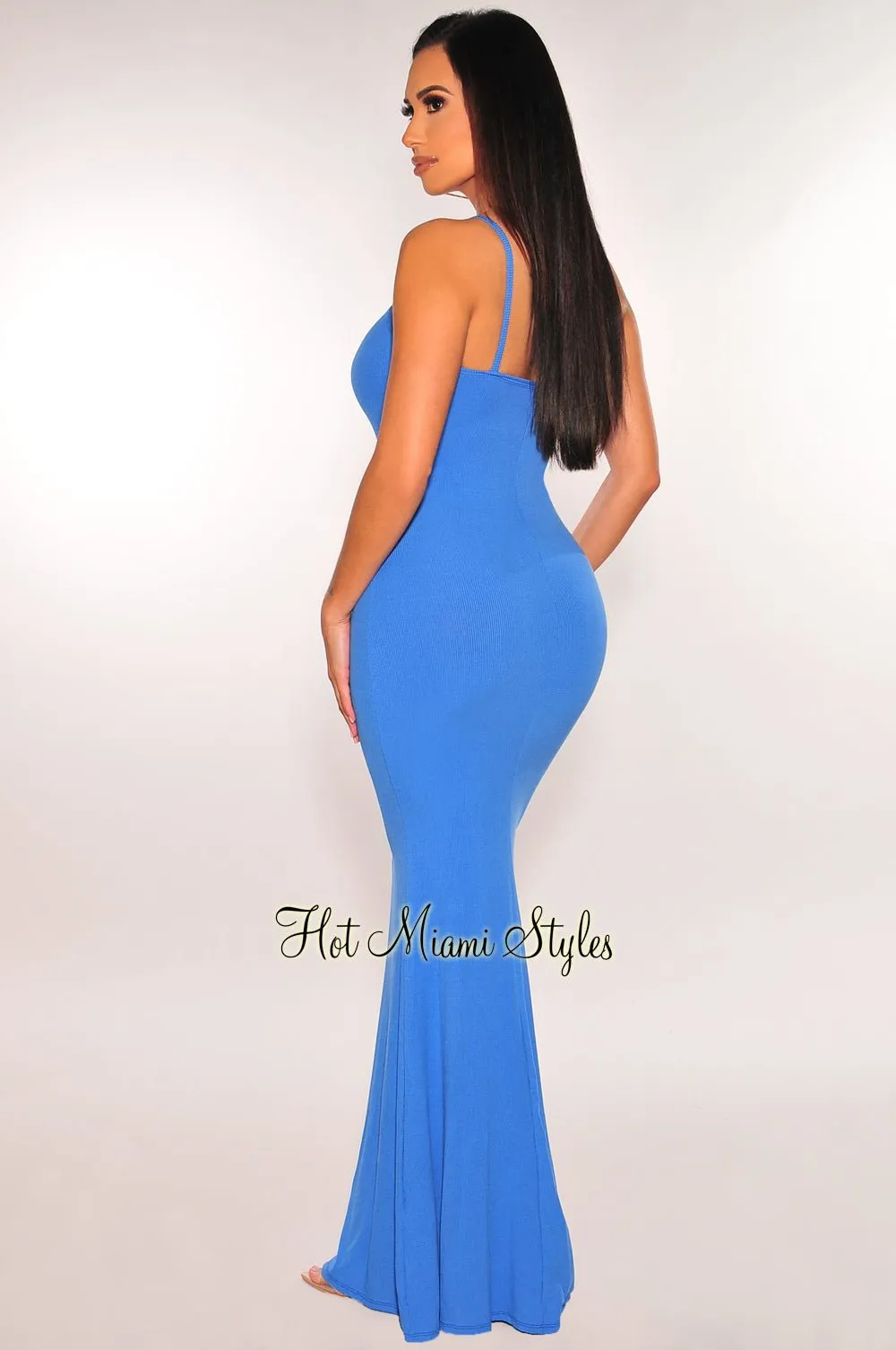 Blue Ribbed Spaghetti Strap Mermaid Dress