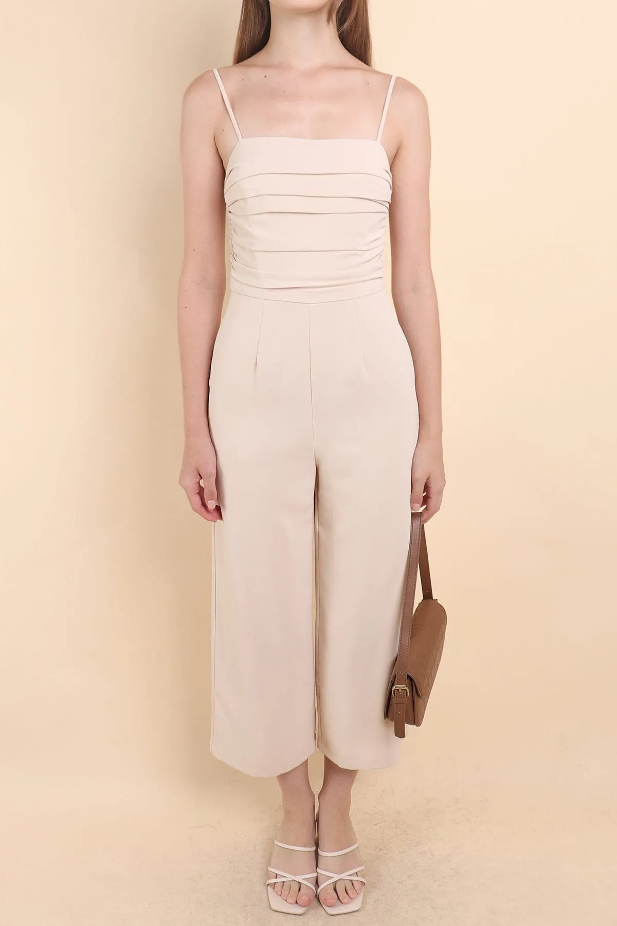 CAMRYN RUCHED JUMPSUIT ROMPER IN BEIGE ECRU