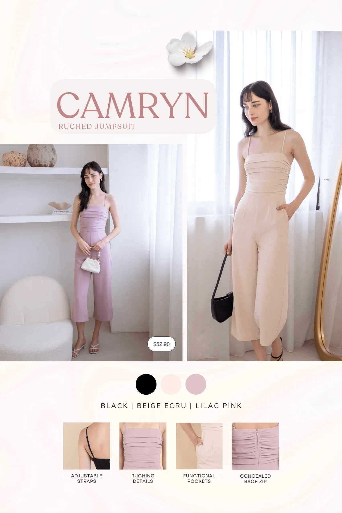 CAMRYN RUCHED JUMPSUIT ROMPER IN LILAC PINK