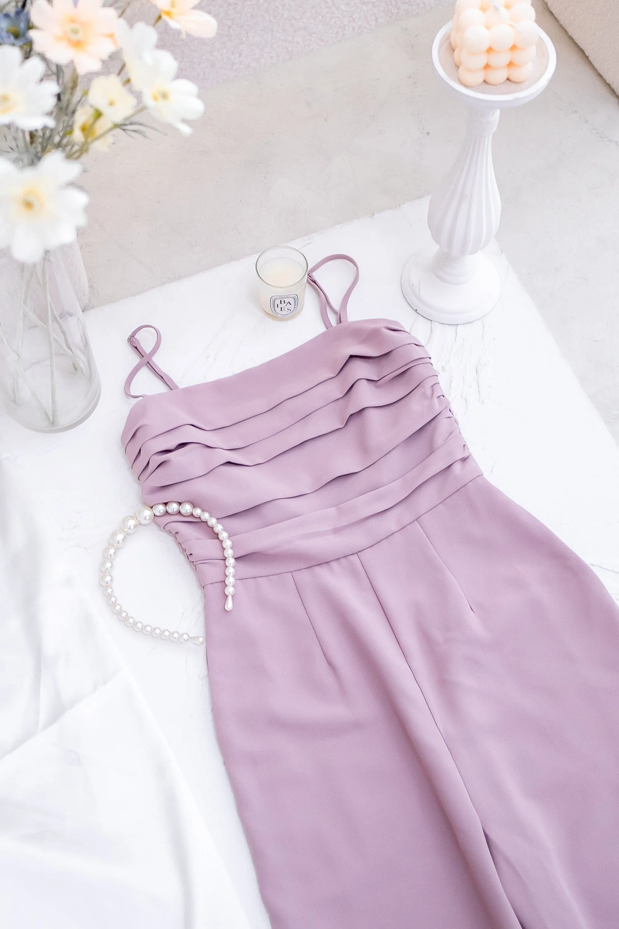 CAMRYN RUCHED JUMPSUIT ROMPER IN LILAC PINK