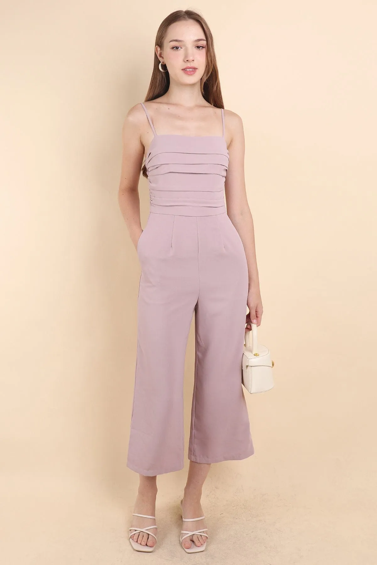 CAMRYN RUCHED JUMPSUIT ROMPER IN LILAC PINK