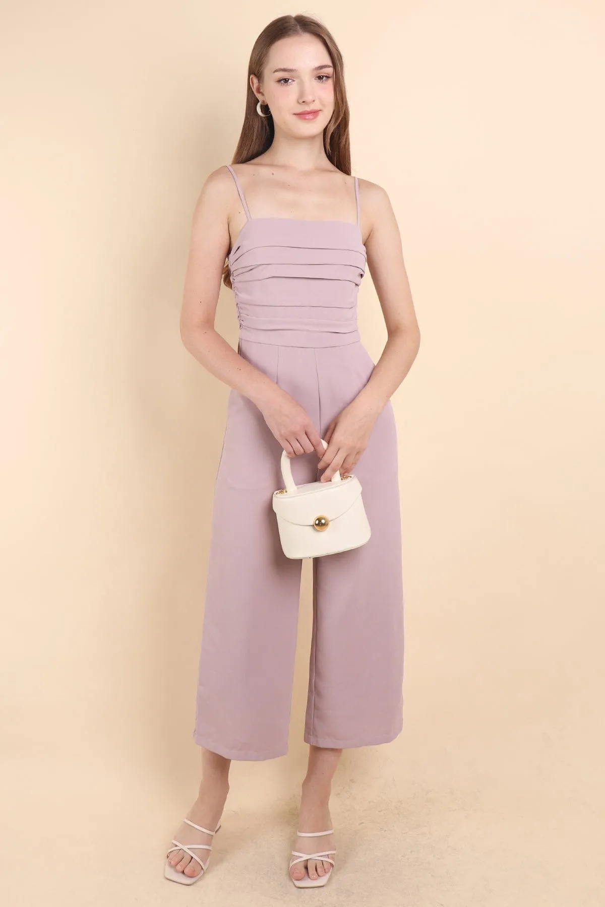 CAMRYN RUCHED JUMPSUIT ROMPER IN LILAC PINK