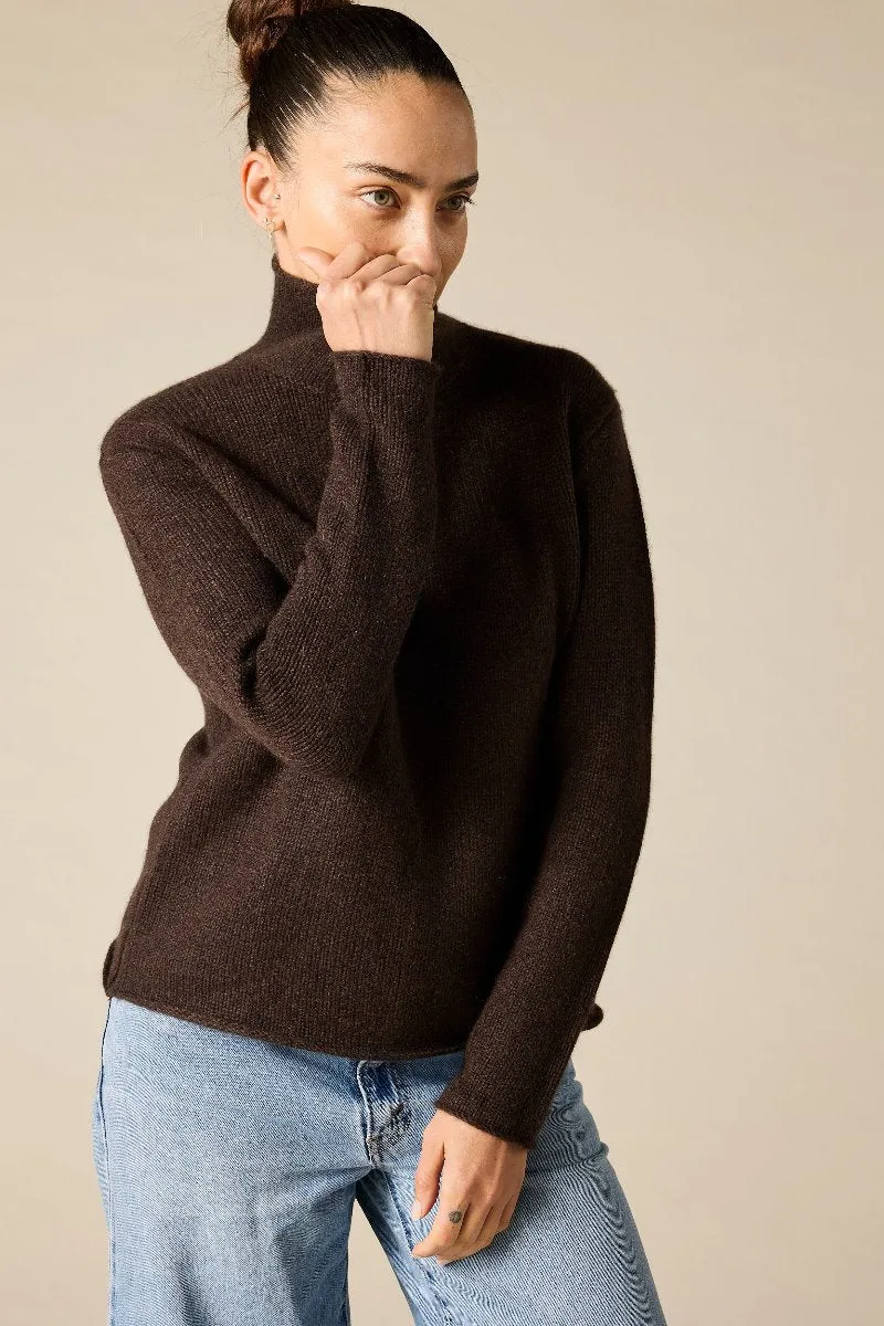 Cashmere Frankie Relaxed Funnel Neck in Dark Marle Brown