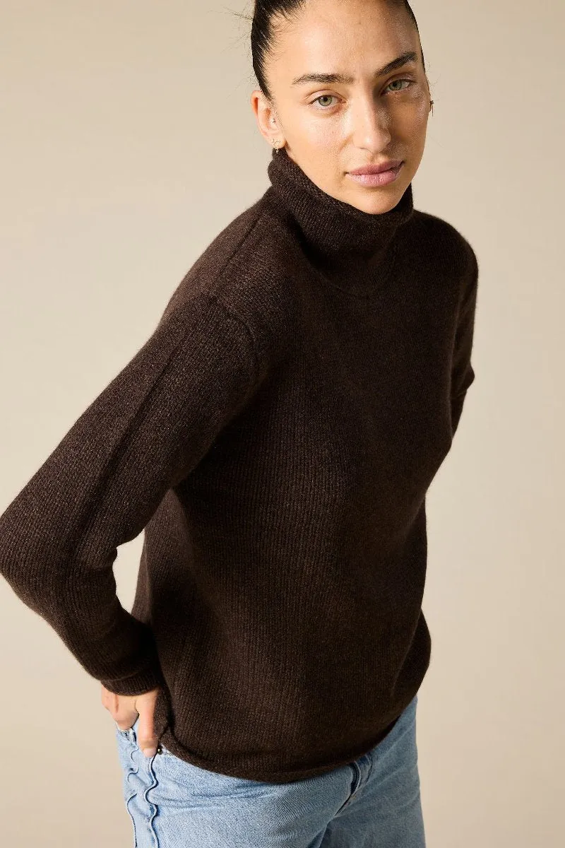 Cashmere Frankie Relaxed Funnel Neck in Dark Marle Brown