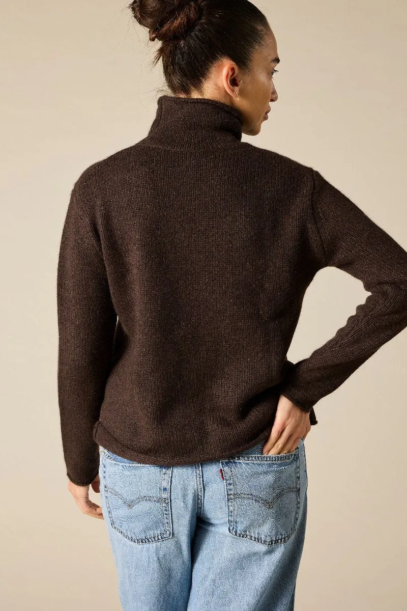 Cashmere Frankie Relaxed Funnel Neck in Dark Marle Brown