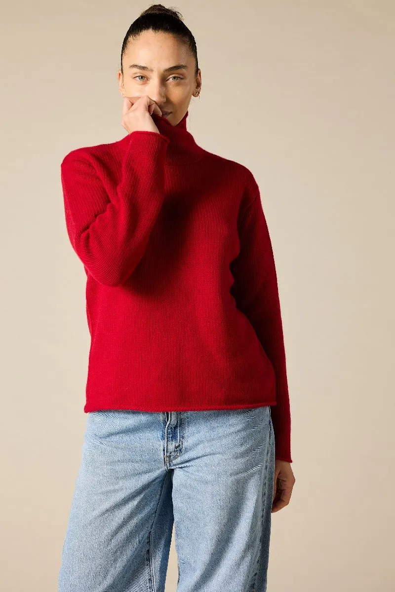 Cashmere Frankie Relaxed Funnel Neck in Garnet Red