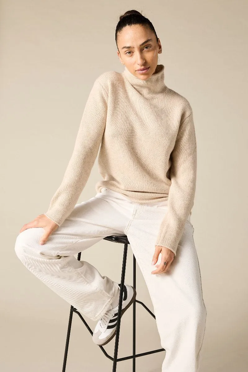 Cashmere Frankie Relaxed Funnel Neck in Pale Marle Beige