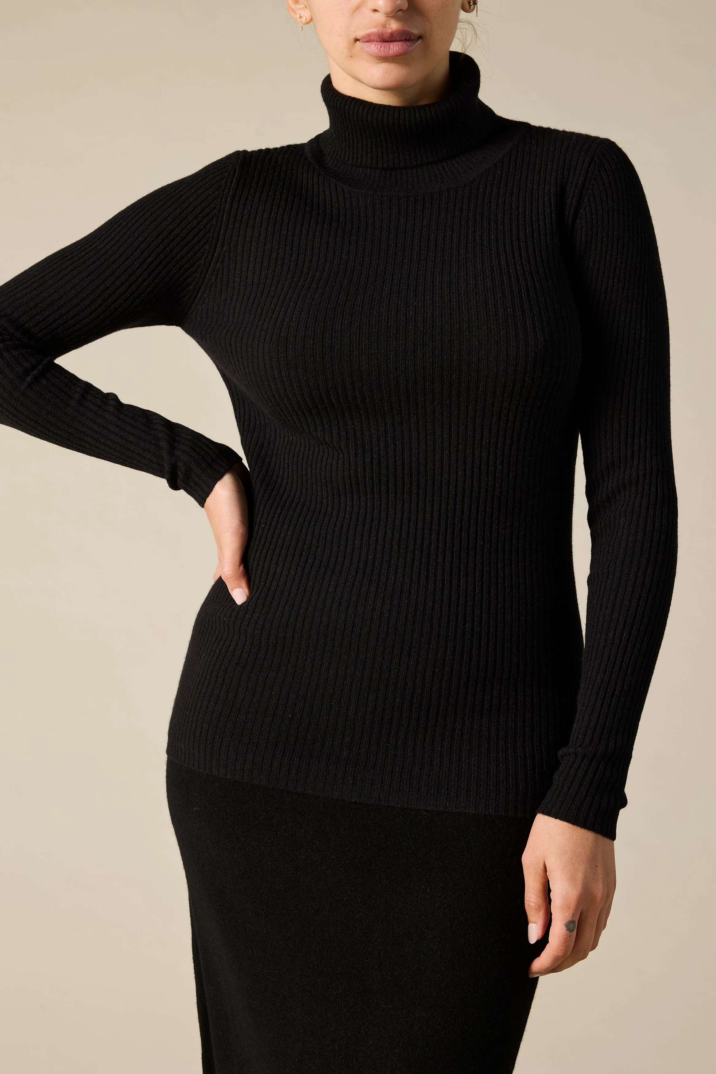 Cashmere Rib Knit Turtleneck in Black