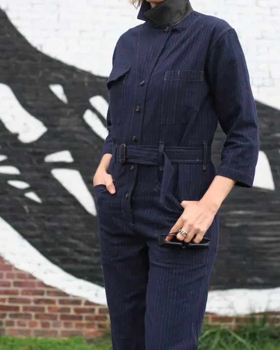 Chalk Stripe Earhart Jumpsuit - Navy - XS