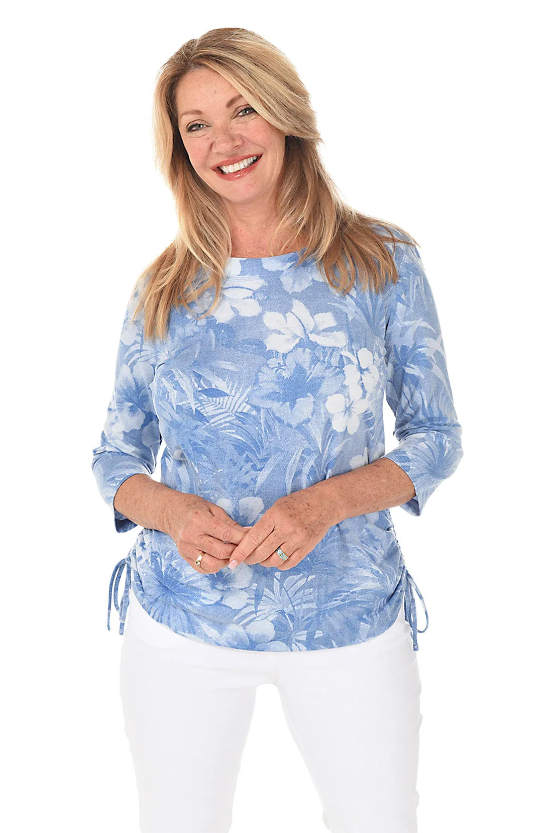 Chambray Floral Impressions Side Shirred Knit Top