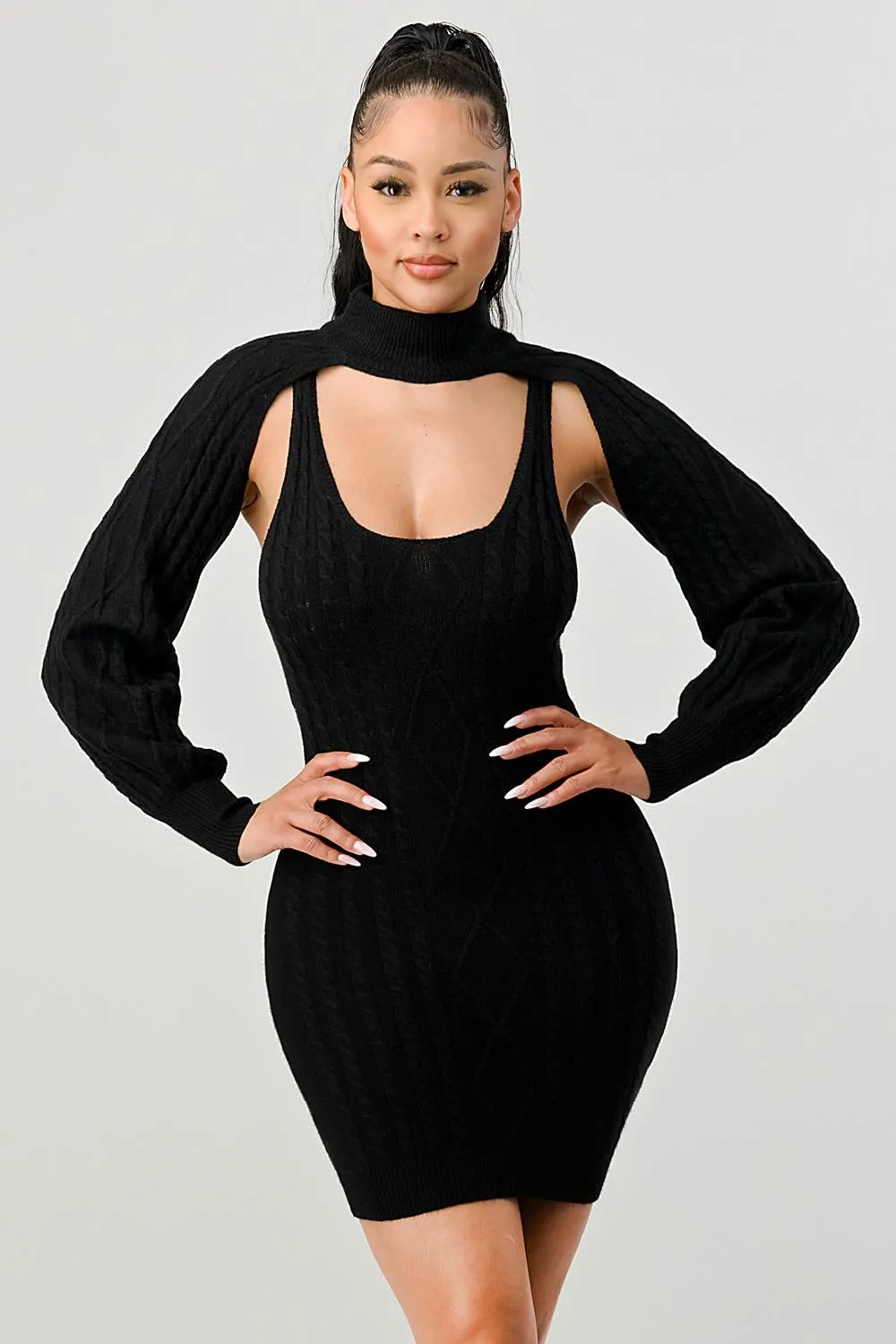 CHIC N COMFY KNIT CUTOUT BOLERO LONG SLEEVE DRESS