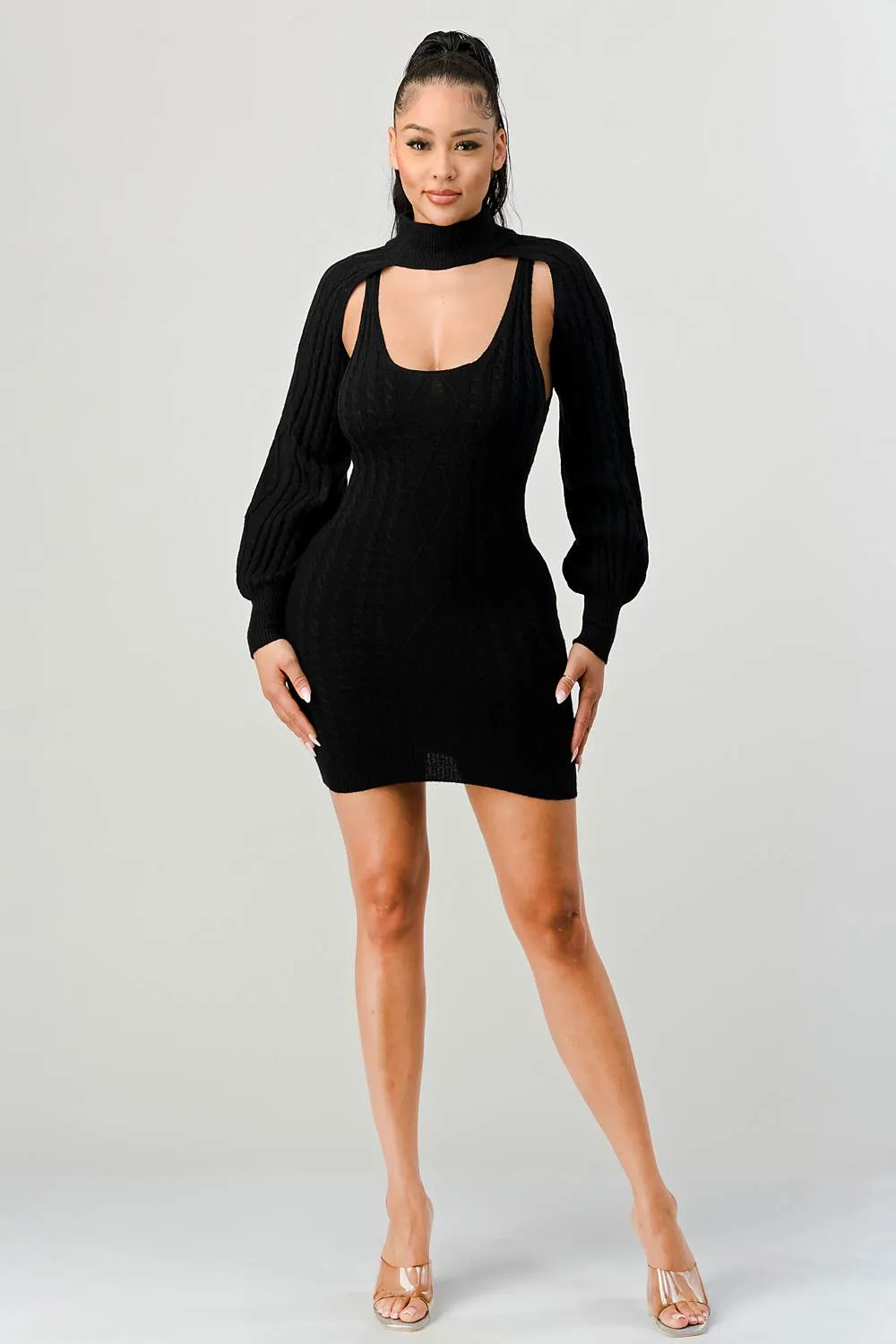 CHIC N COMFY KNIT CUTOUT BOLERO LONG SLEEVE DRESS