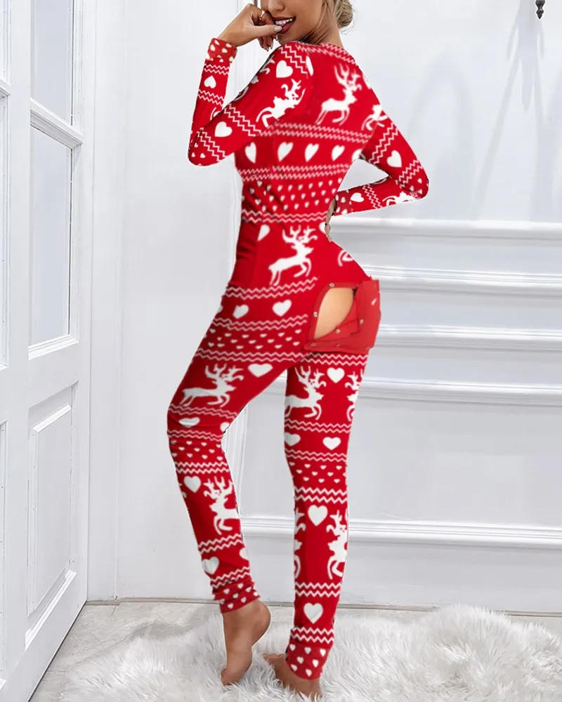 Christmas Cutout Functional Buttoned Flap Adults Pajamas